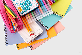 desk calculator, assorted-color pens, school supplies, office stationery, educational tools, study materials, back-to-school essentials