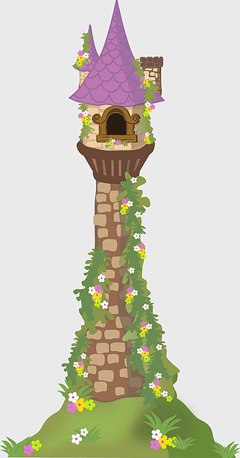 purple castle tower, Rapunzel tangled video game art, cartoon princess tower, braid and flowers, enchanted tower illustration, fairy tale castle drawing, whimsical castle design