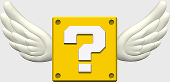 Super Mario mystery box, winged yellow block, mario series emblem, new super mario bros items, flying question block, retro gaming icon, pixel art design