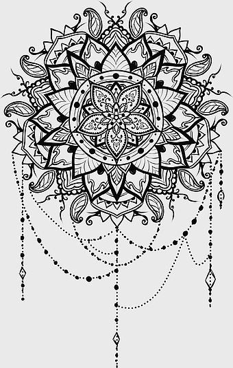 Mandala line art drawing, black and white ornament, symmetrical tree of life, Om symbol tattoo, intricate floral design, spiritual geometric pattern, cultural sacred geometry