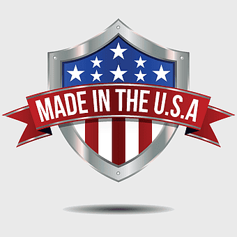 Made in USA emblem, American manufacturing logo, USA flag shield, USA business branding, patriotic brand design, industrial American symbol, national product badge