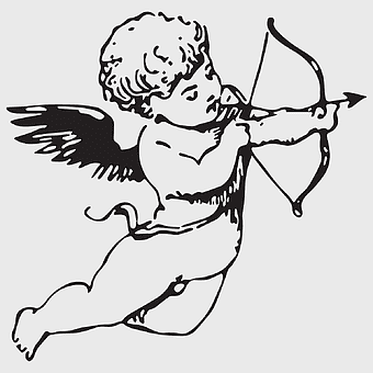 Cherub Angel Drawing, black and white line art, mythical creature illustration, fantasy artwork, celestial being sketch, divine figure depiction, monochrome cherub image