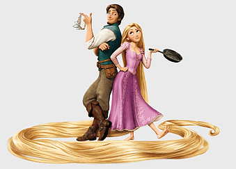 Rapunzel and Flynn Rider figurine, Tangled Disney characters, Tangled video game art, Rapunzel's long hair, animated Disney princess, fantasy adventure scene, magical fairy tale characters