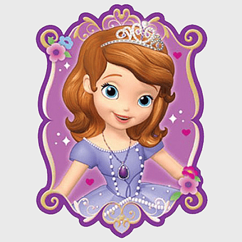 Sofia the First illustration, Disney Princess Tiana art, purple princess dress, brown-haired cartoon character, enchanted fairy tale, magical royal portrait, whimsical princess design