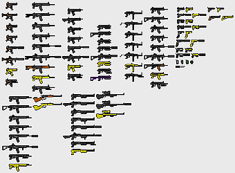 pixel art weapon sprite, rifle firearm illustration, game art concept, yellow gun design, retro pixel graphics, digital weapon collection, vintage video game assets