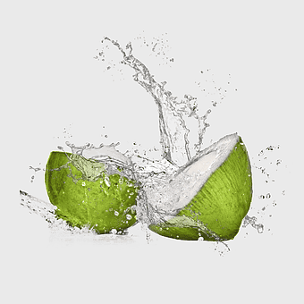 Coconut water splash, Key lime citrus, still life graphy, stainless steel bottle, tropical fruit refreshment, hydrating superfood drink, coconut hydration benefits
