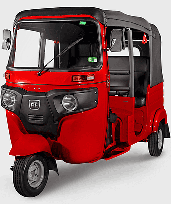 Bajaj RE auto rickshaw, Bajaj Qute Sri Lanka price, red and black auto rickshaw, three-wheeler vehicle, compact auto rickshaw, urban transportation solution, affordable auto rickshaw options