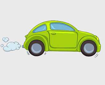 green cartoon car, smoke-emitting vehicle, isolated car illustration, actuated car design, eco-friendly transportation, animated vehicle graphic, mobile vehicle depiction