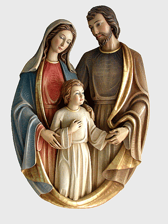 Holy Family figurine, Catholic Church art, Nazareth religious sculpture, Sacred family statue, Christian iconography, religious art depiction, divine family