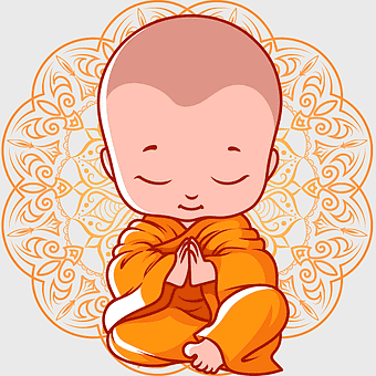 praying baby illustration, Buddhism cartoon character, Buddha's Birthday celebration, orange robe child, spiritual meditation art, mandala background design, serene baby monk