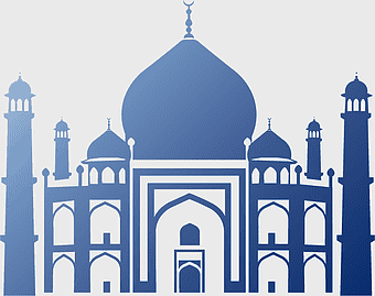 Halal Mosque Silhouette, Islamic architecture illustration, blue mosque building, symmetry in Islamic design, spiritual landmark graphic, cultural heritage depiction, religious community symbol