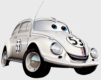 Herbie the Love Bug, Volkswagen Beetle cartoon, Herbie Goes Bananas character, Herbie Fully Loaded movie, animated classic car, vintage car illustration, cartoon vehicle design