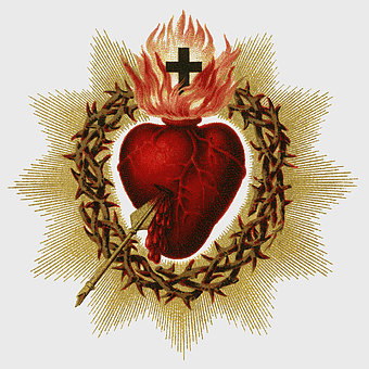 Sacred Heart illustration, Feast of the Sacred Heart, Catholic devotions Holy card, heart pierced by arrow, divine love symbol, religious iconography, spiritual devotion art